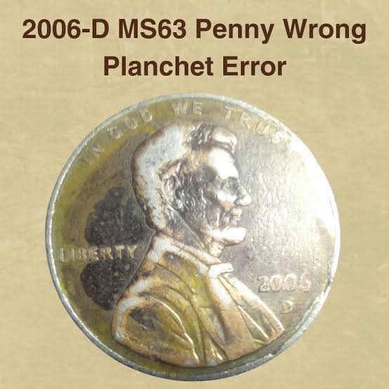 2006 penny wrong planchet error showing Lincoln cent design struck on a smaller silver-colored dime planchet