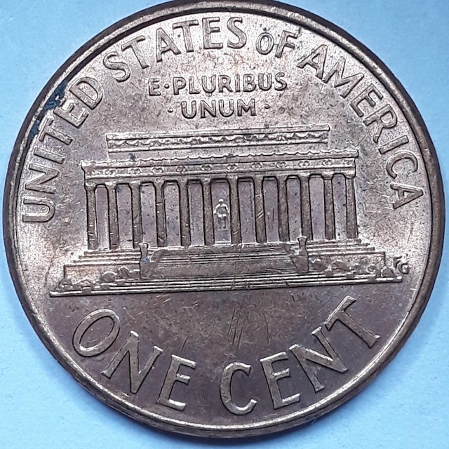 2006 penny Doubled Die Reverse DDR error showing doubling on Lincoln Memorial columns and UNITED STATES OF AMERICA inscription