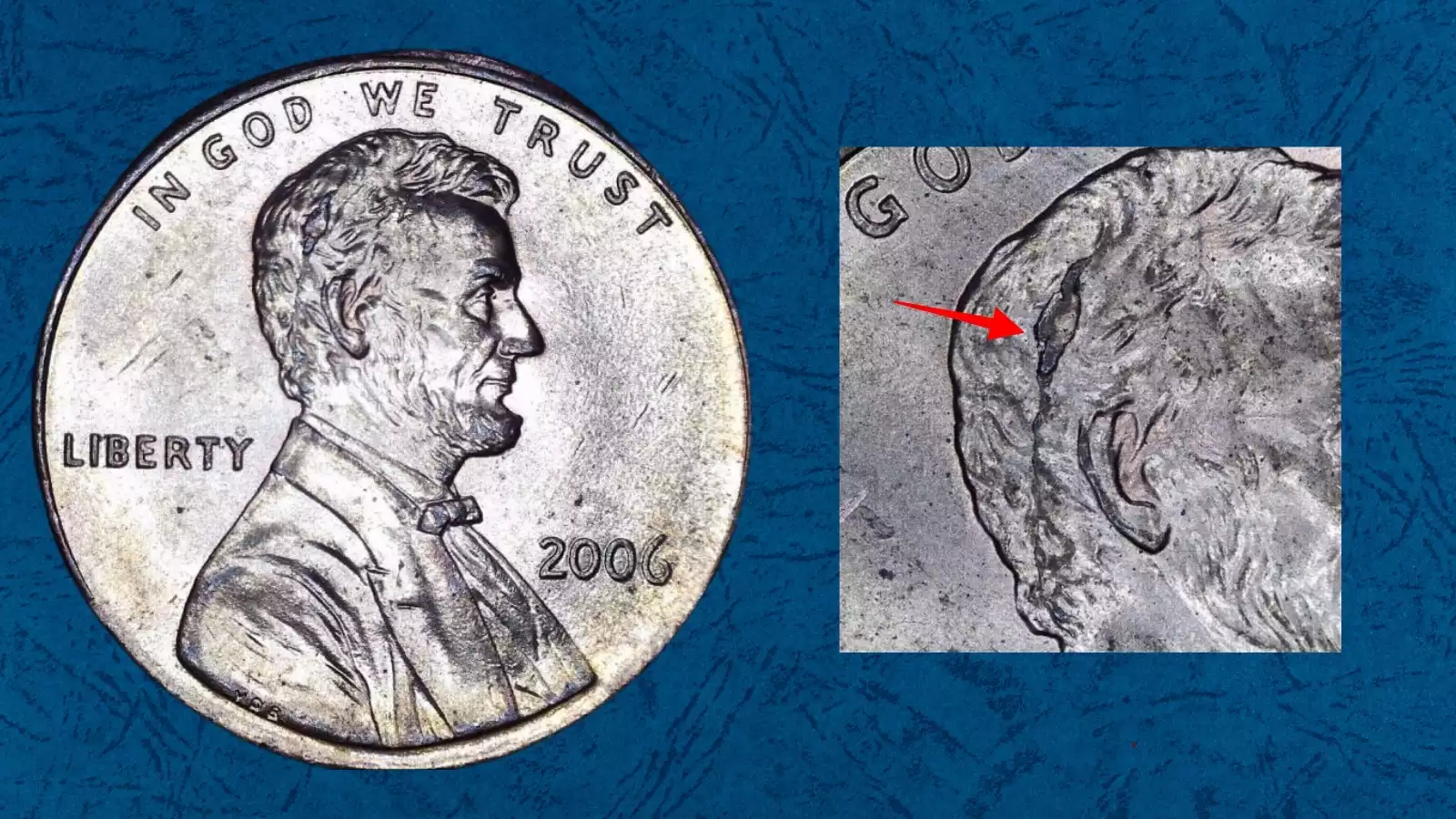 2006 penny BIE error showing raised die-crack I-shaped mark between B and E in LIBERTY on the obverse