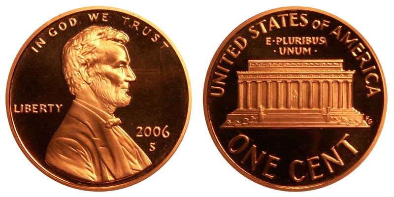 2006 Lincoln cent grading strip showing four coins from worn circulated through gem MS67 mint state condition